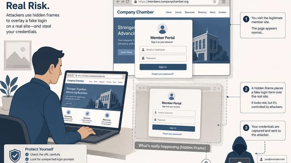 Illustration: applicant caught in a clickjacking trap on a fake member portal