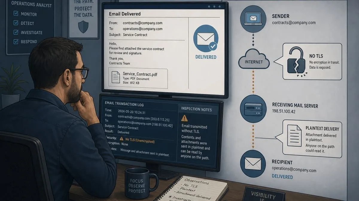 Illustration: contract email traveling through an unencrypted network path