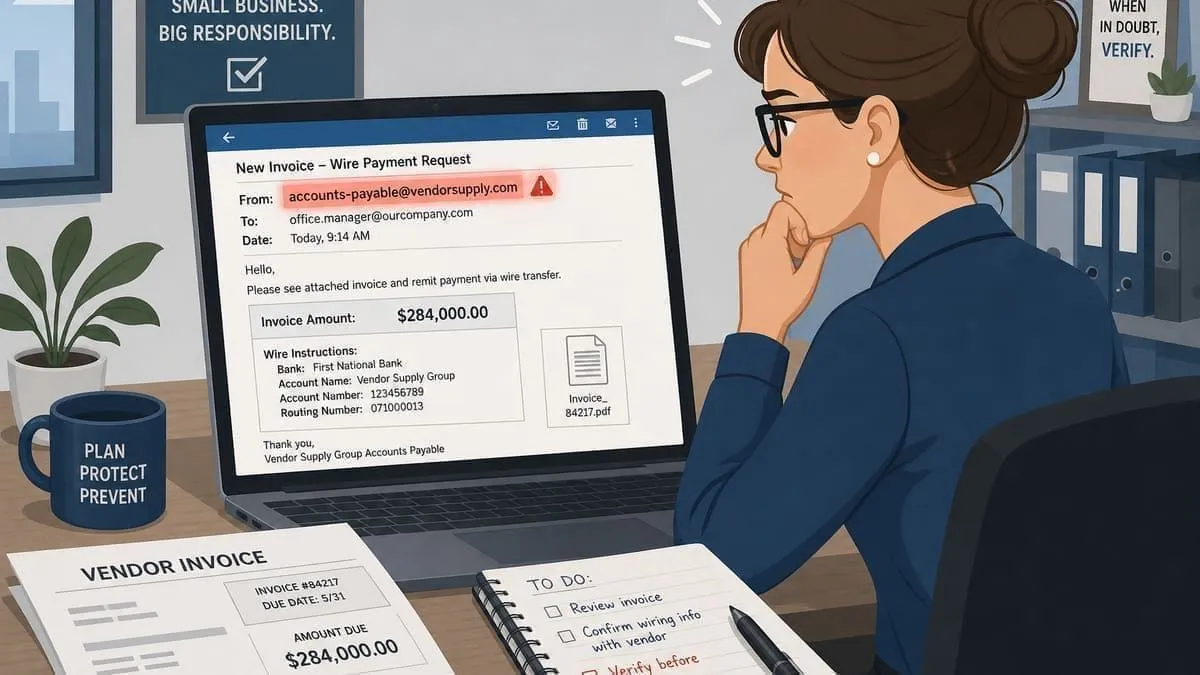 Illustration: office manager reviewing a spoofed vendor payment email
