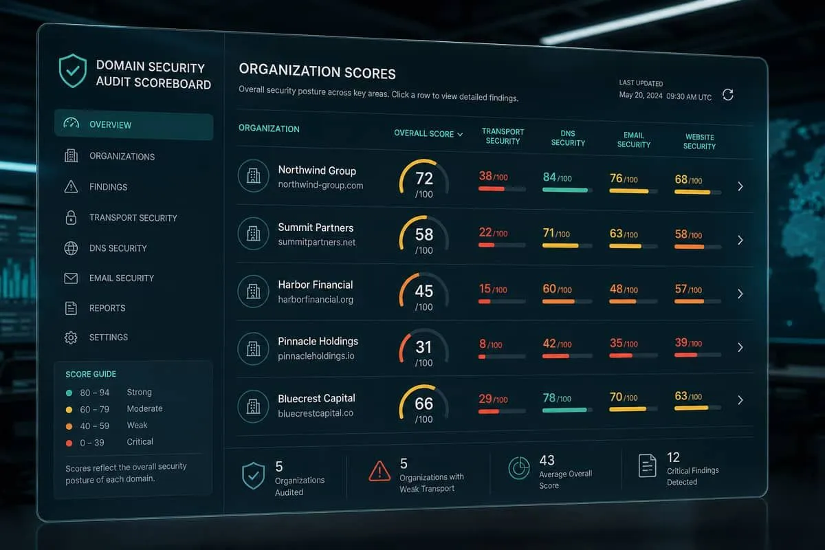 Illustration: multi-org domain audit scoreboard with none at 100% ideal