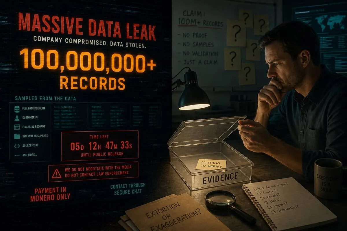 Illustration: flashy leak-site claims versus empty forensic evidence tray