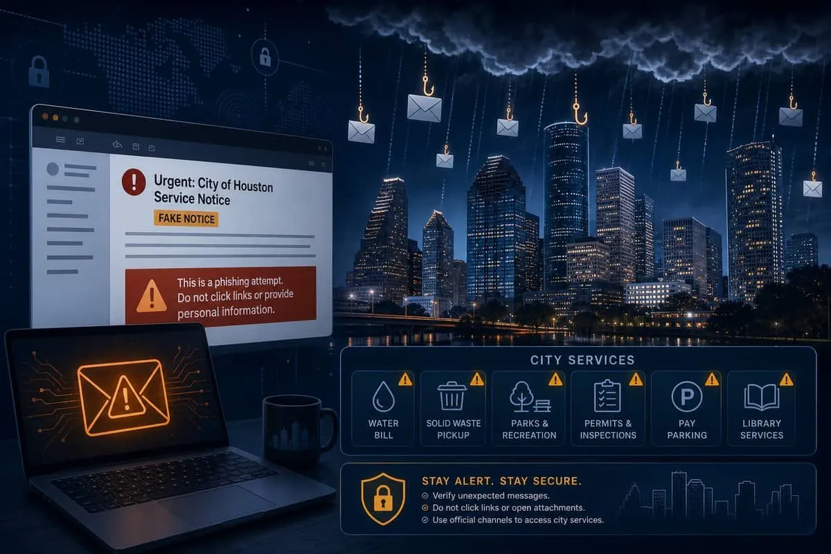 Illustration: Houston skyline under spoofed municipal notice phishing after leak-site claim