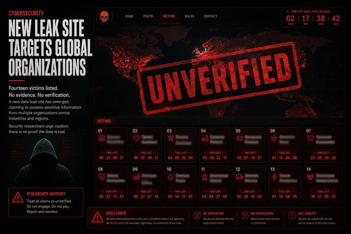 Unverified ransomware leak-site dashboard naming many victims at once