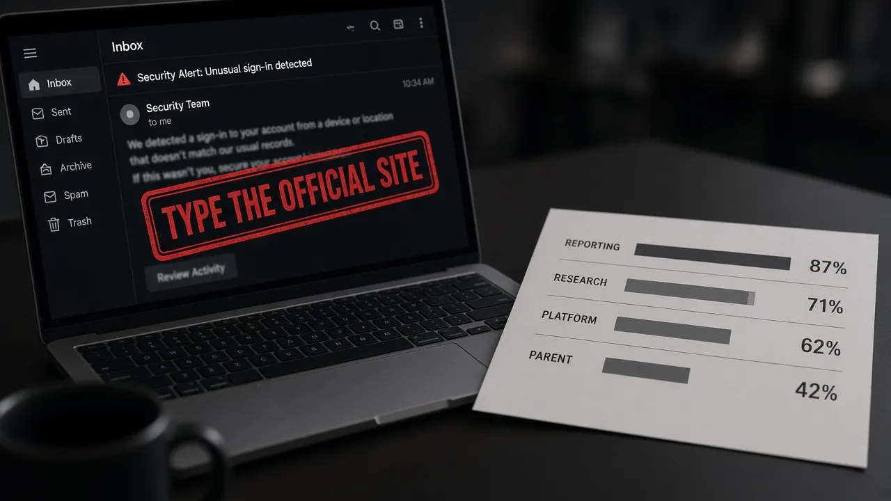 Inbox with a spoofed security warning and a four-bar domain scorecard versus the 100 percent ideal