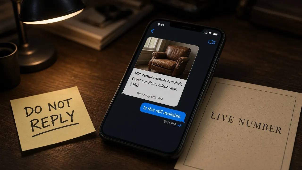 Phone showing a fake classified-ad screenshot and a sticky note that says do not reply