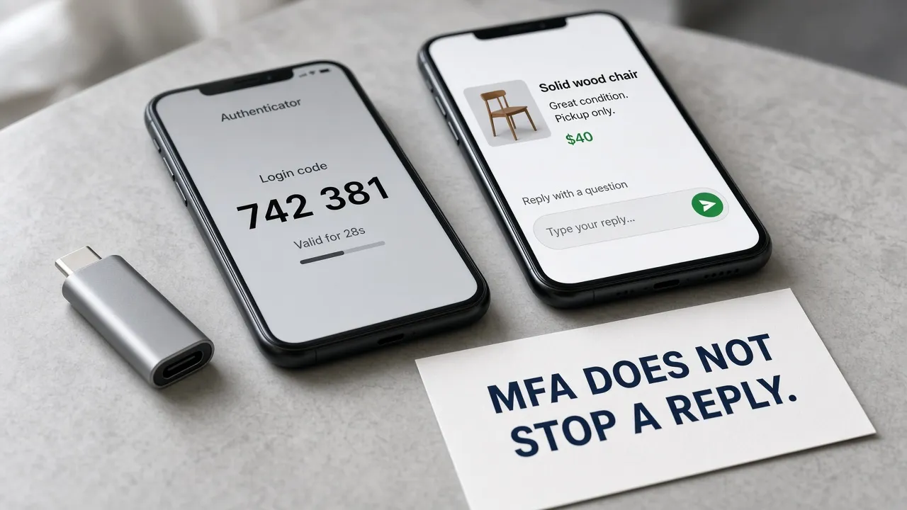 Hardware security key and phone authenticator beside a marketplace text; a card notes MFA does not stop a reply