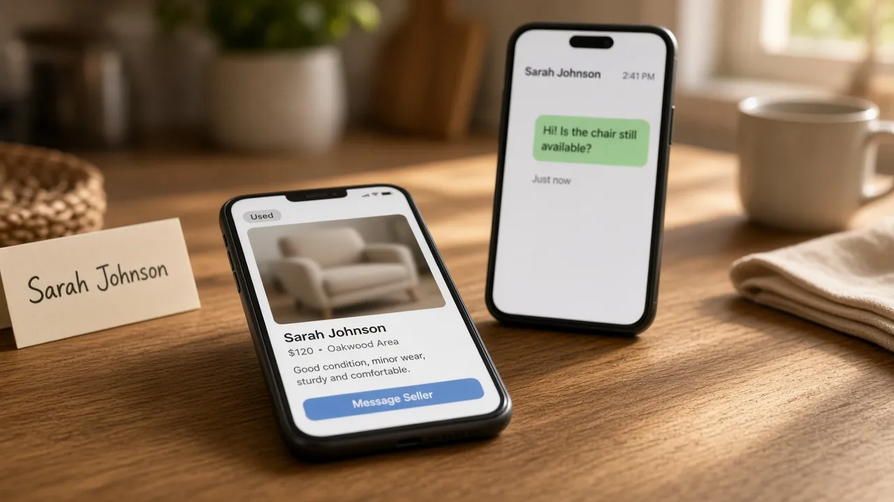 Phone on a kitchen table showing a blurred marketplace listing next to a paper name tag