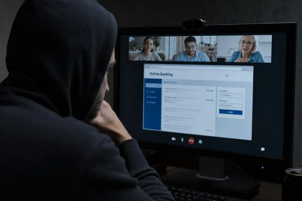 Someone sharing an online banking screen during a video call while credentials are watched