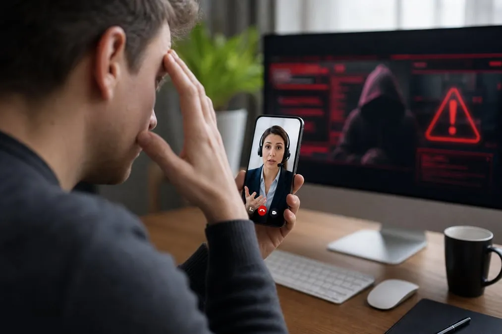 Person on an iPhone FaceTime call pressured about a fake bank security alert