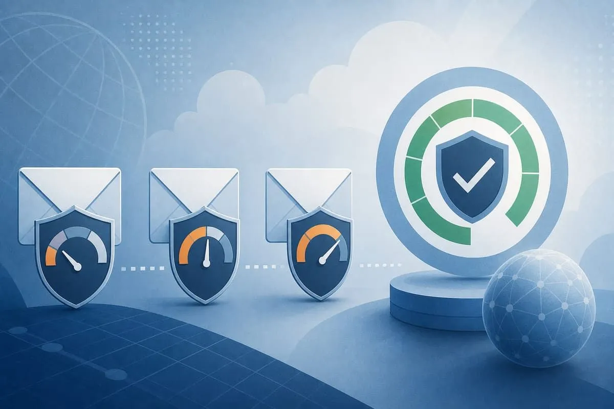 Illustration of incomplete email domain security gauges versus a 100 percent ideal target