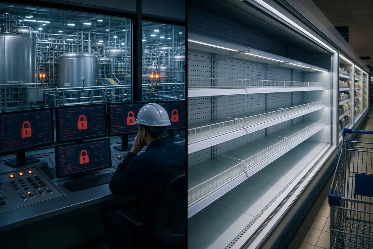 Split illustration of a dairy plant control room offline and empty grocery dairy shelves