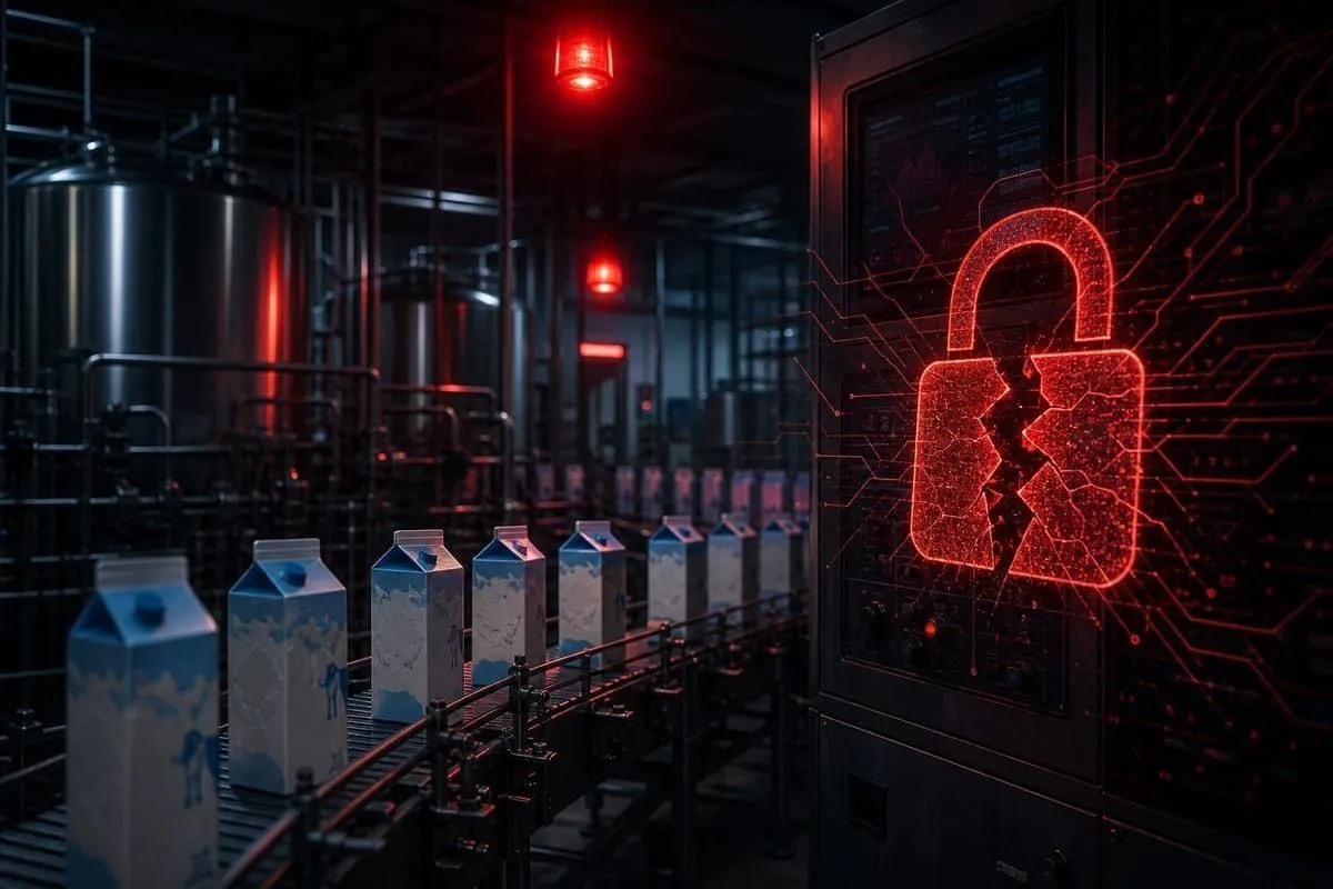Dairy production line darkened by cyber-alert lighting after a ransomware disruption
