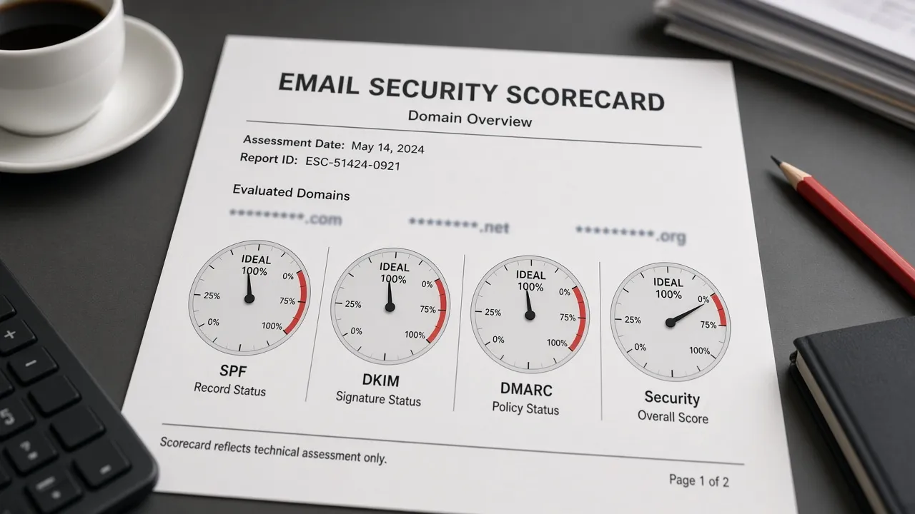 Printed email-security scorecard with four gauges below a 100 percent ideal