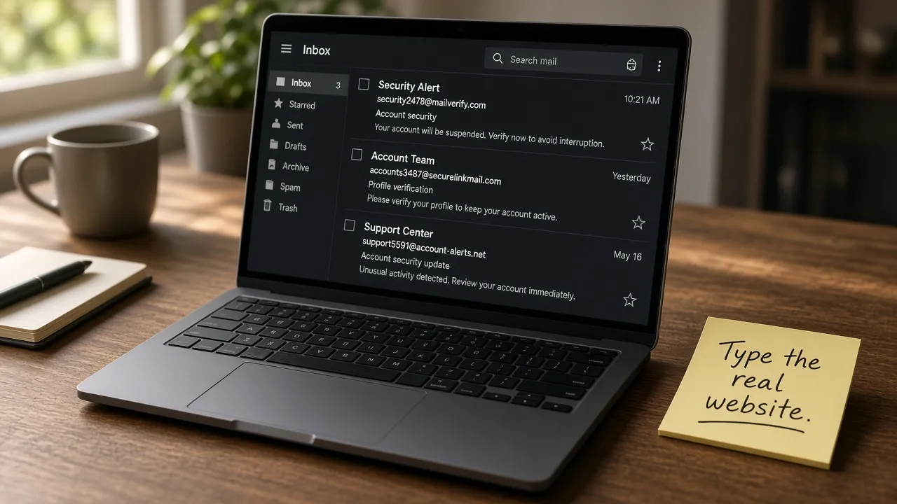 Laptop inbox with lookalike security-alert messages and a note to type the real website