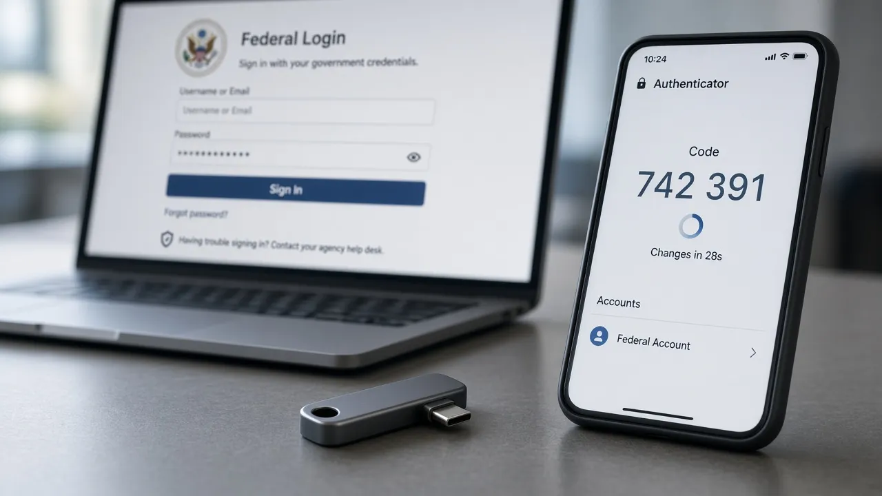 Hardware security key and phone authenticator beside a blurred federal login
