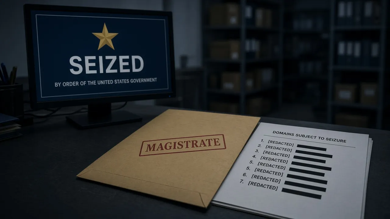 Federal evidence room with a seized-domain splash page and a magistrate envelope
