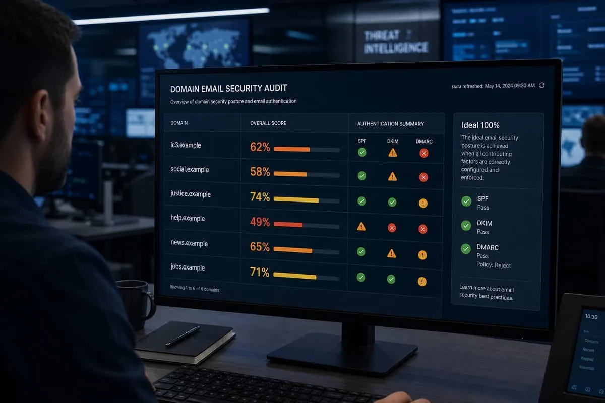 Domain audit scoreboard for IC3, social platforms, and related hosts versus the 100 percent ideal