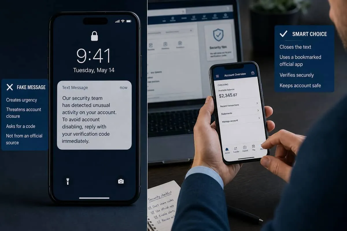 Fake account-lock text on a phone next to someone opening the official app instead of sharing a code