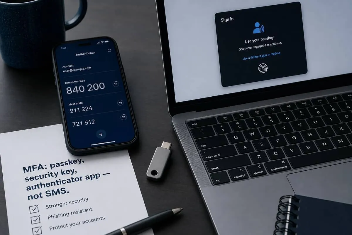 Hardware security key, authenticator app, and passkey prompt beside an MFA hardening checklist