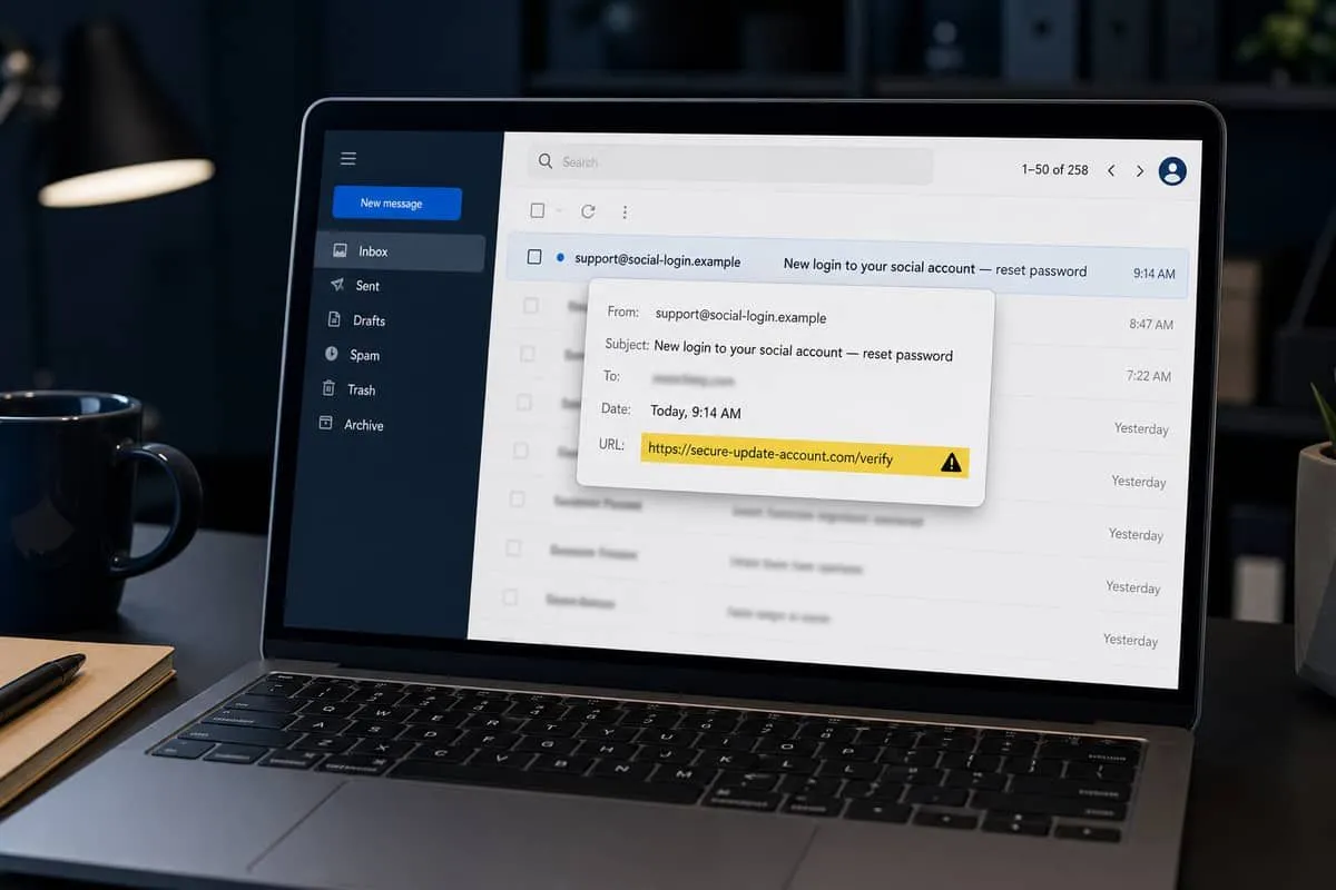 Laptop inbox showing a suspicious new-login email from a lookalike social-support address