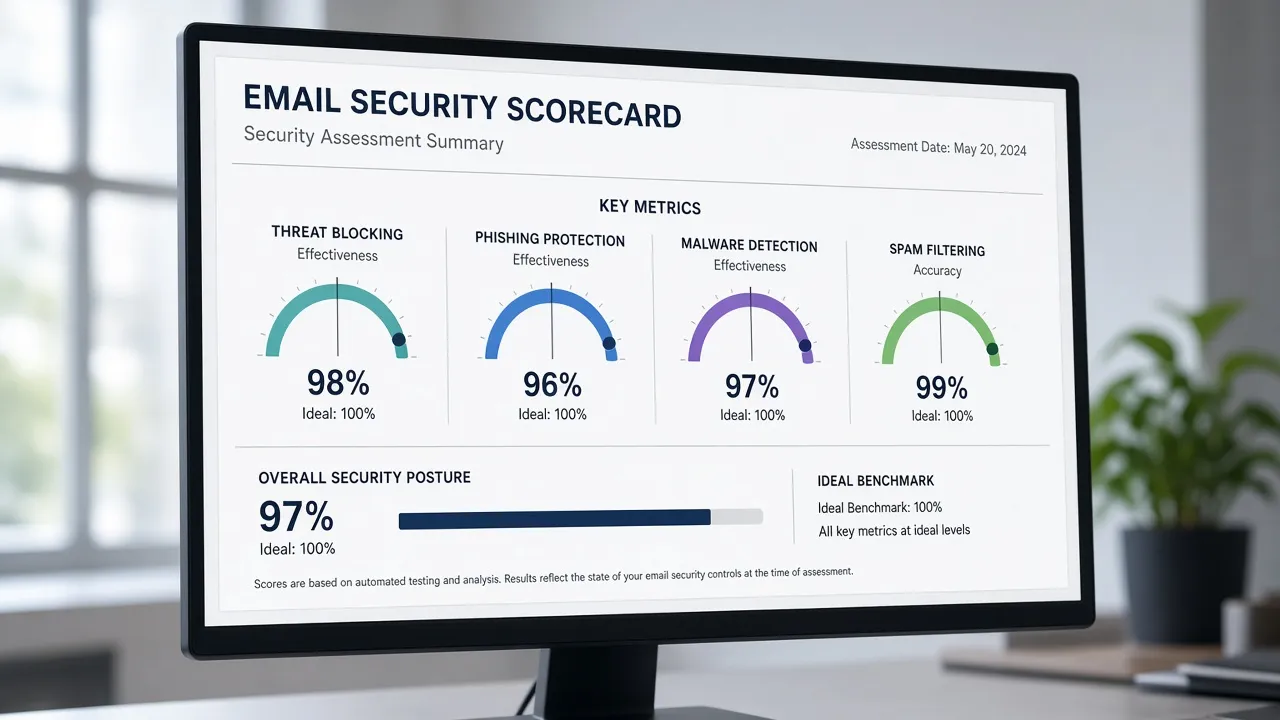 Printed email-security scorecard with four gauges below a 100 percent ideal