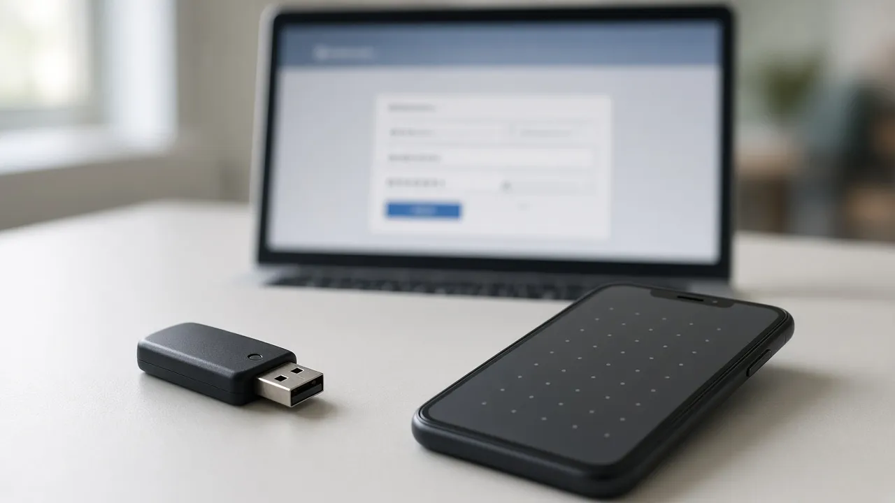 Hardware security key and phone authenticator beside a blurred federal login