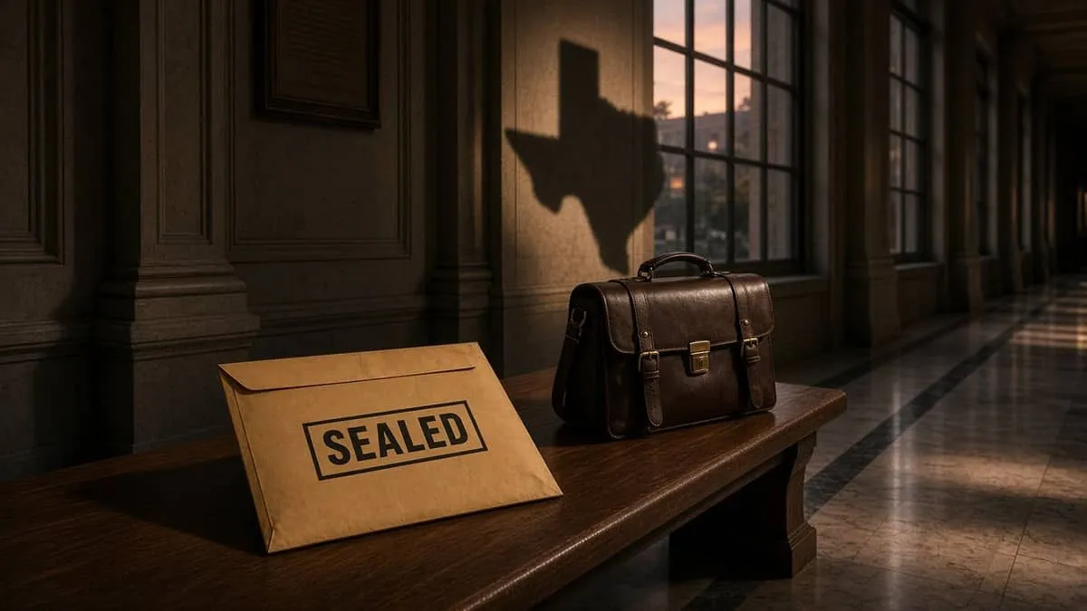 Federal courthouse corridor with a sealed envelope and a briefcase