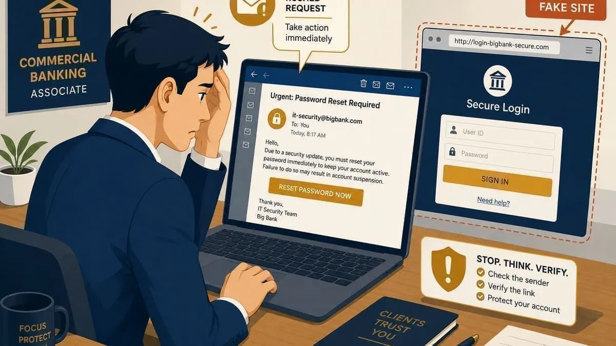 Illustration: bank officer facing a fake IT password reset email