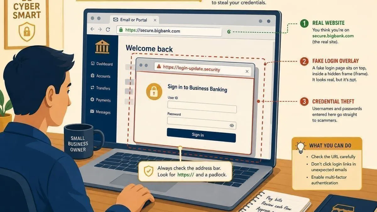 Illustration: business customer caught on a fake online banking login page