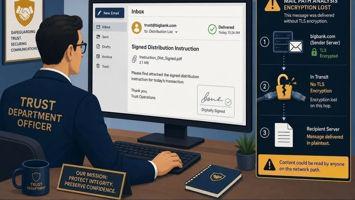 Illustration: trust transfer email traveling without enforced TLS