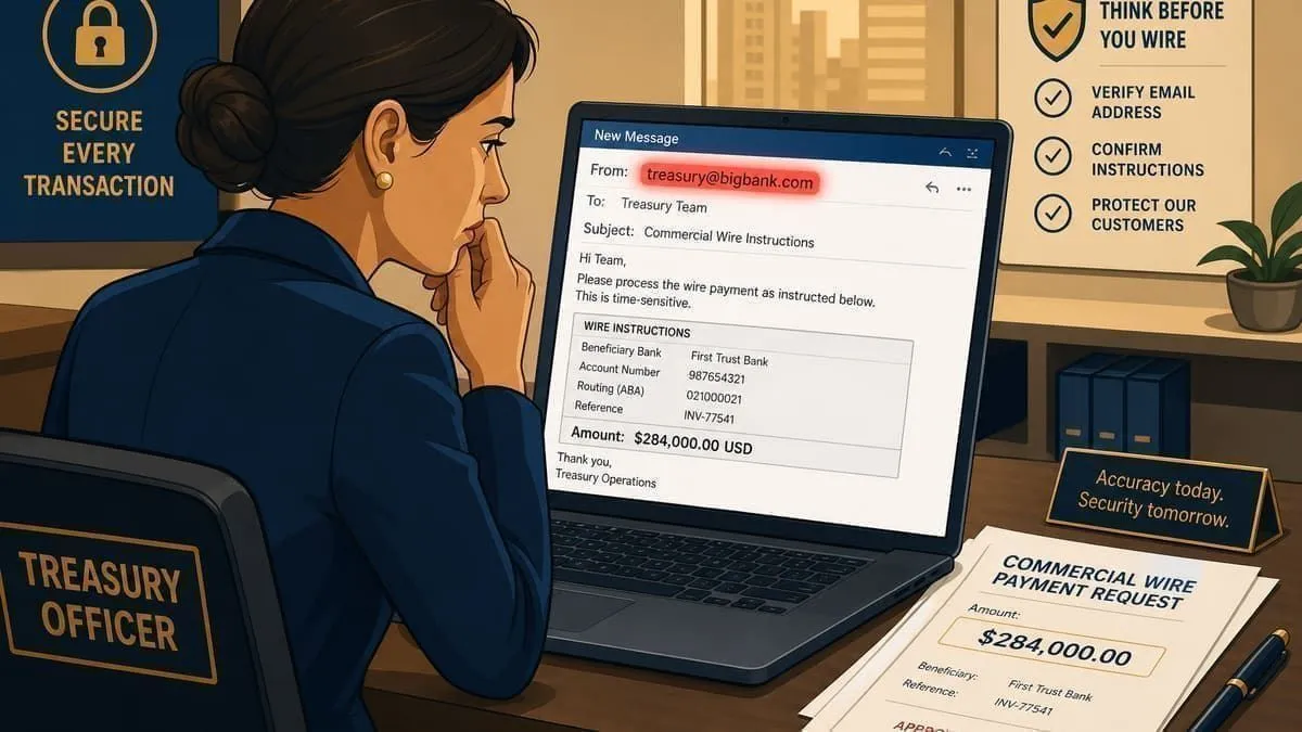 Illustration: treasury staff reviewing a spoofed commercial wire instruction