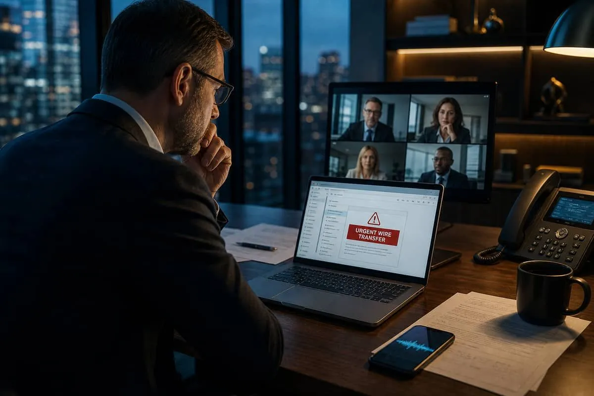 Illustration: executive targeted by AI-cloned voice on an urgent wire-transfer call