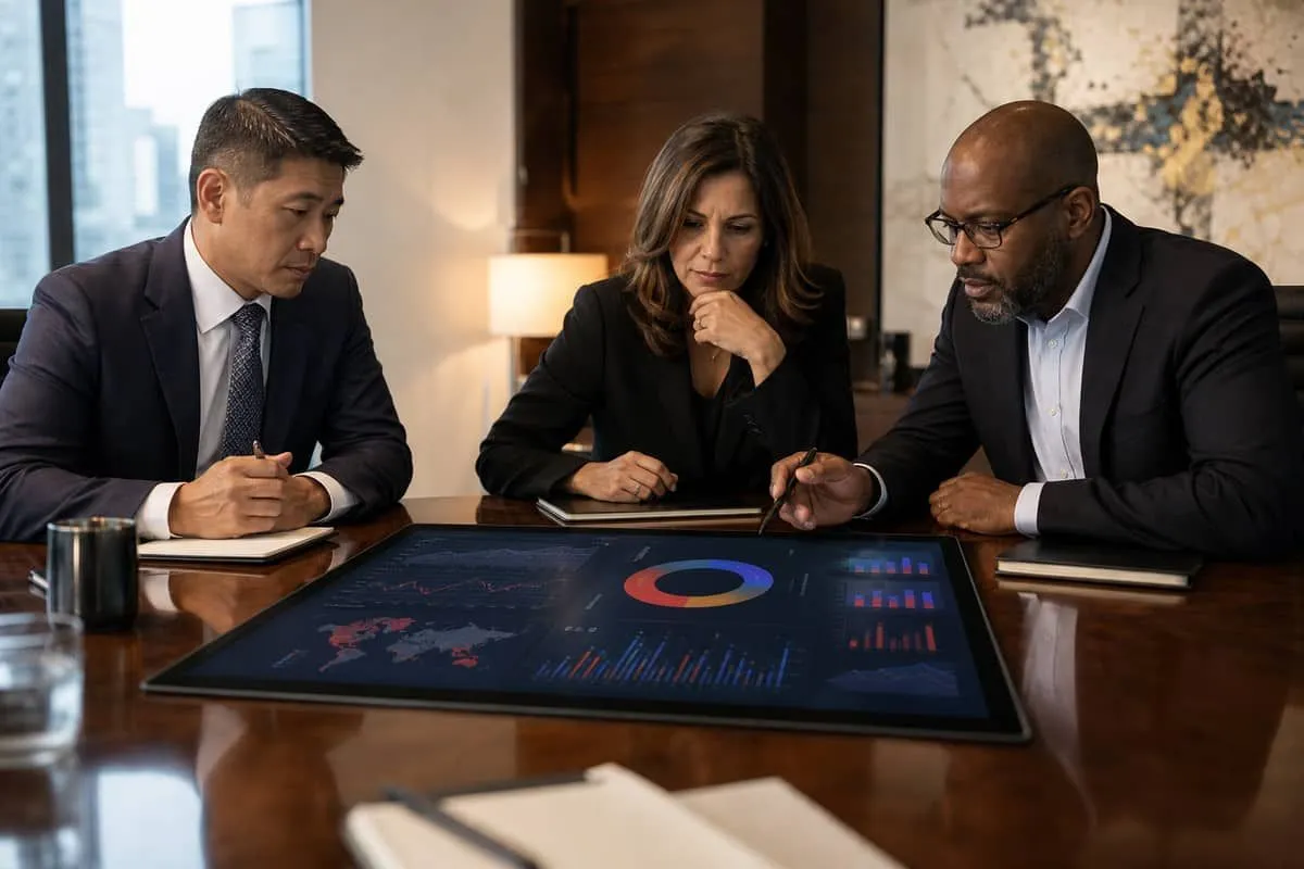 Illustration: executives and CISO reviewing cyber risk as a core business decision