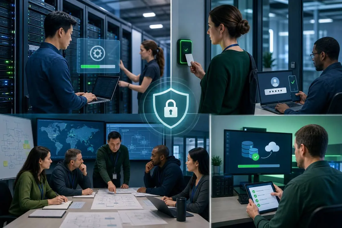 Illustration: security team executing patching, MFA, and incident response tabletop exercises