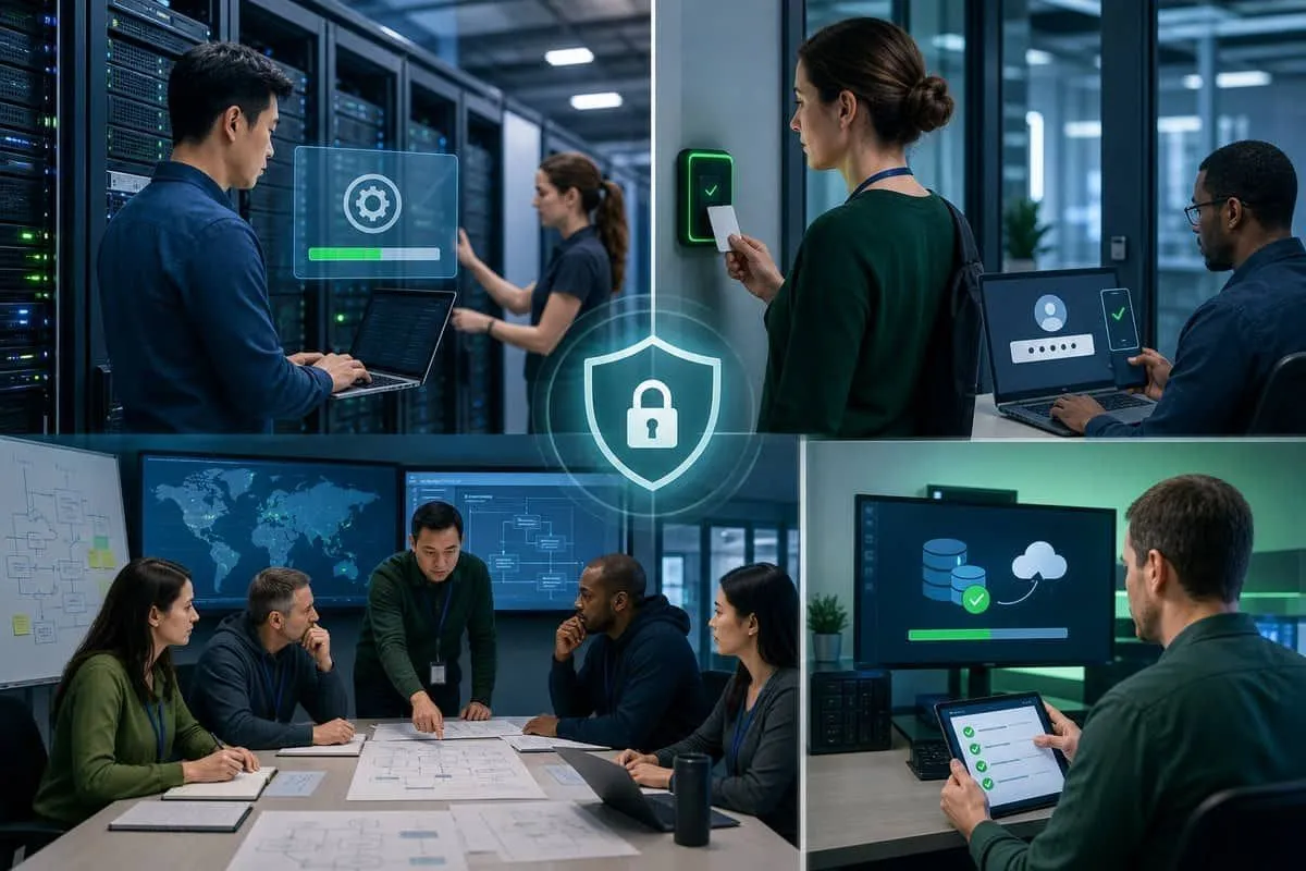 Illustration: security team executing patching, MFA, and incident response tabletop exercises