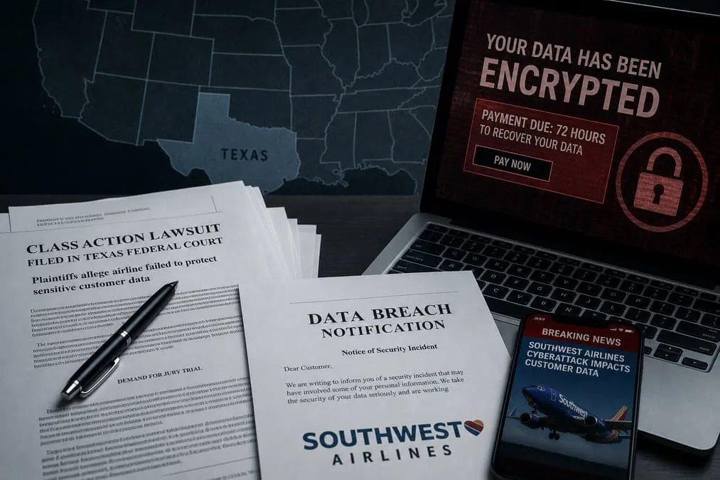 Airline breach lawsuit papers and ransomware claim on a desk