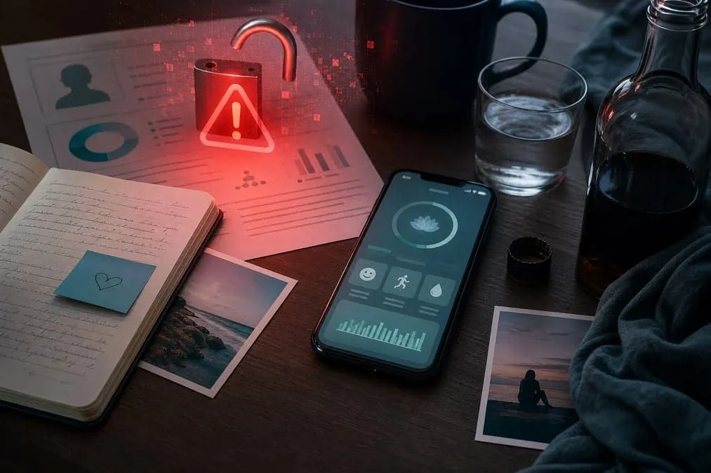 Illustration: sensitive Reframe app user data and recovery journal content exposed in mobile health breach
