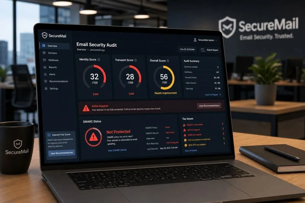 Illustration: joinreframeapp.com and glucobit.com email security audits showing identity and transport gaps