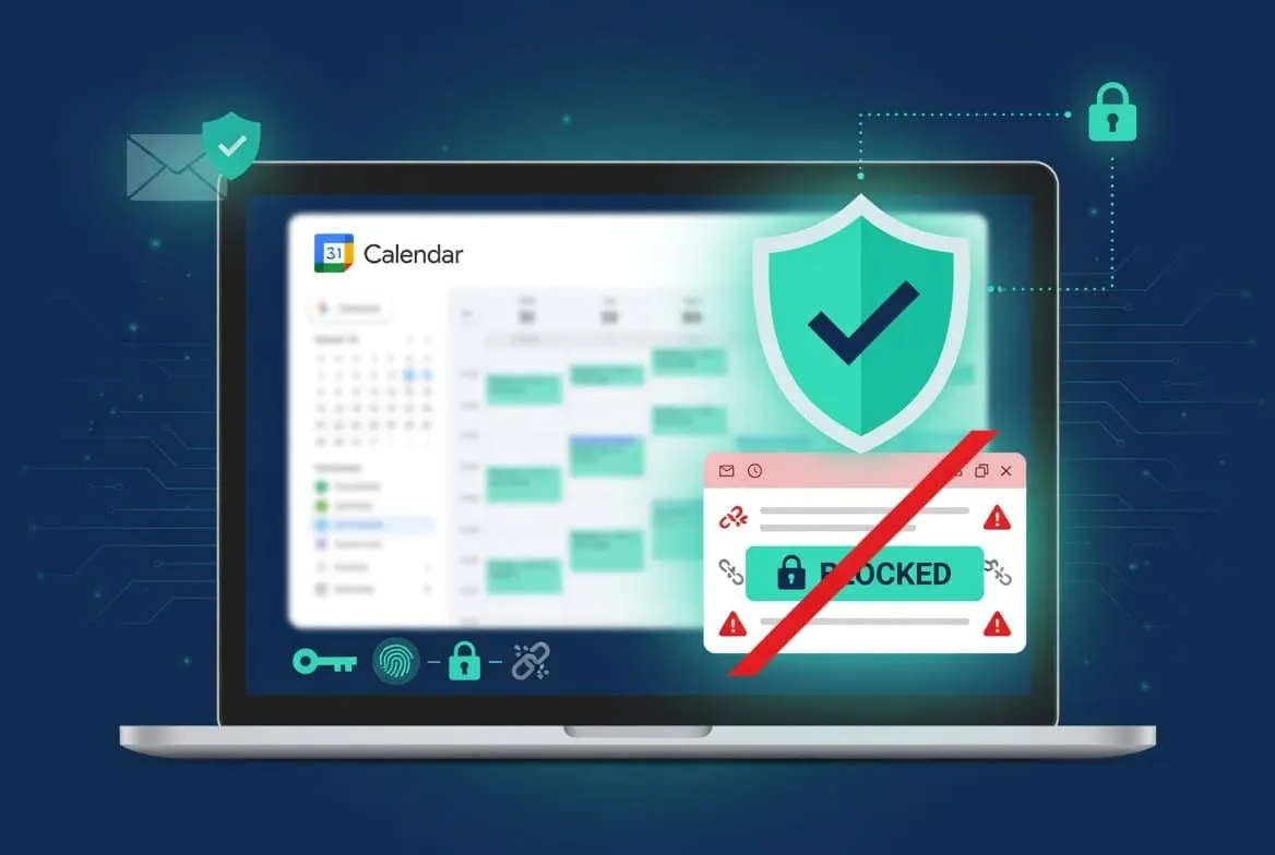 Illustration of Google Calendar phishing scam protection on a laptop