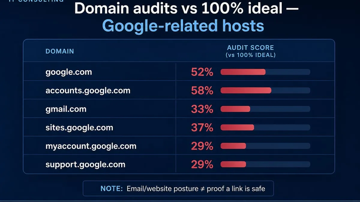 Domain audit scoreboard for Google-related hosts versus the 100 percent ideal