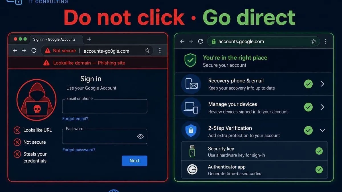 Split view of a lookalike Google login lure versus the real account security checklist