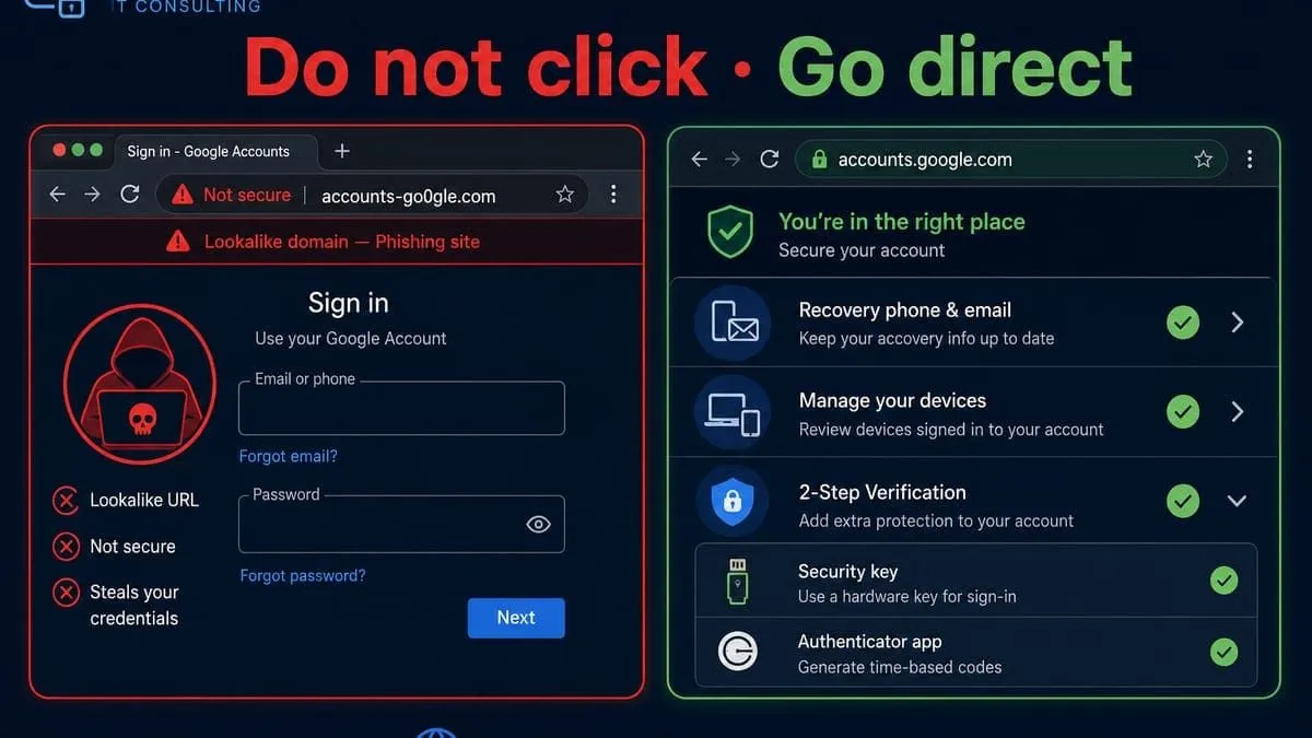 Split view of a lookalike Google login lure versus the real account security checklist