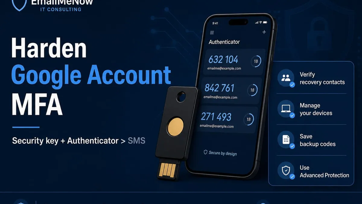 Hardware security key and authenticator app beside a Google Account MFA hardening checklist
