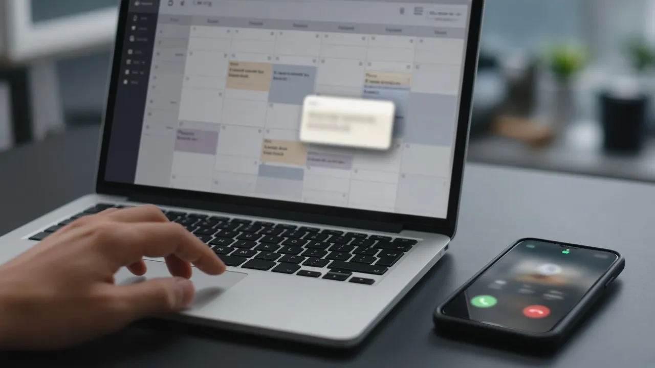 Laptop calendar with a blurred event card and a phone showing an incoming call