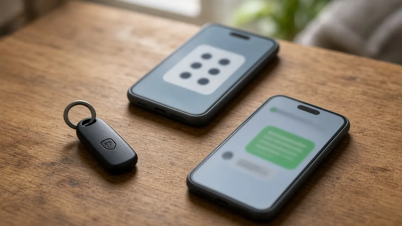 Hardware security key beside an authenticator-style phone and a phone with a message bubble
