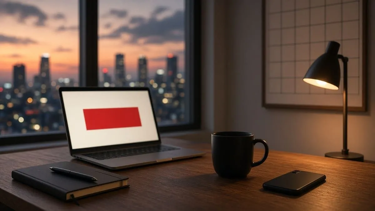 Dusk desk with a laptop showing one red block on a blank screen and an empty wall grid