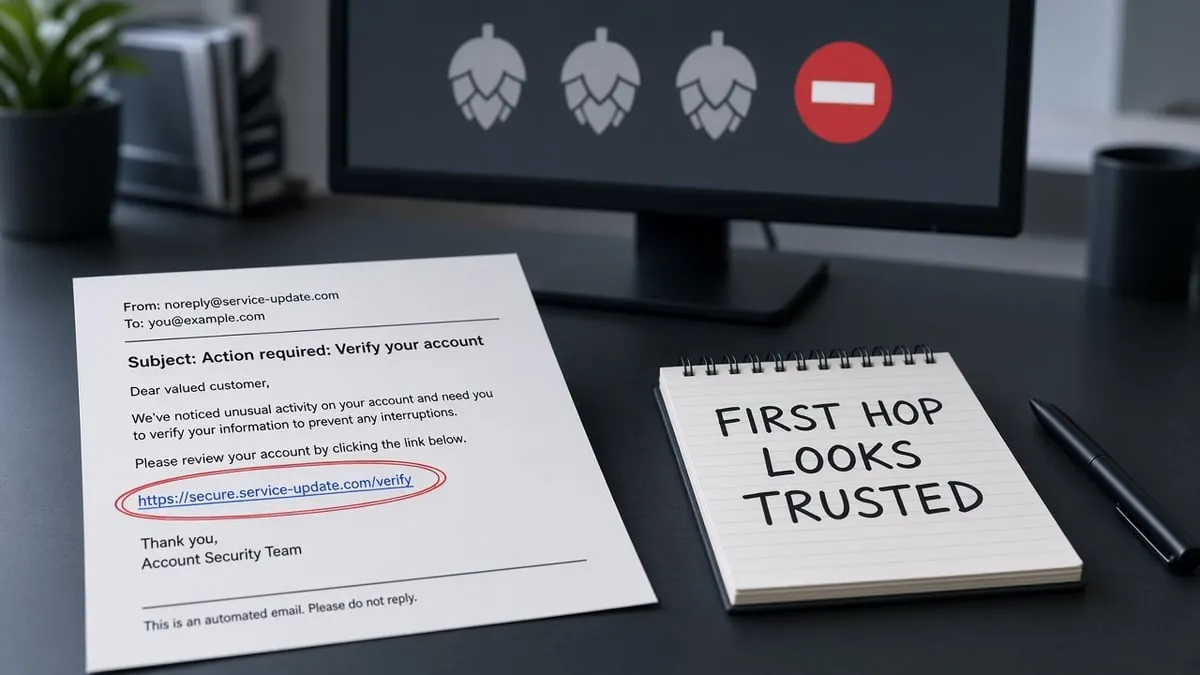 Printed email with a circled link beside a notepad that says first hop looks trusted