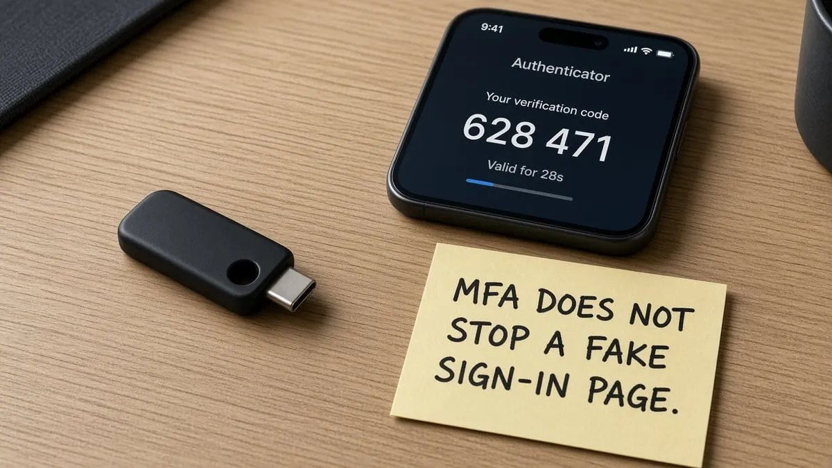 Hardware security key and phone authenticator beside a note that MFA does not stop a fake sign-in page