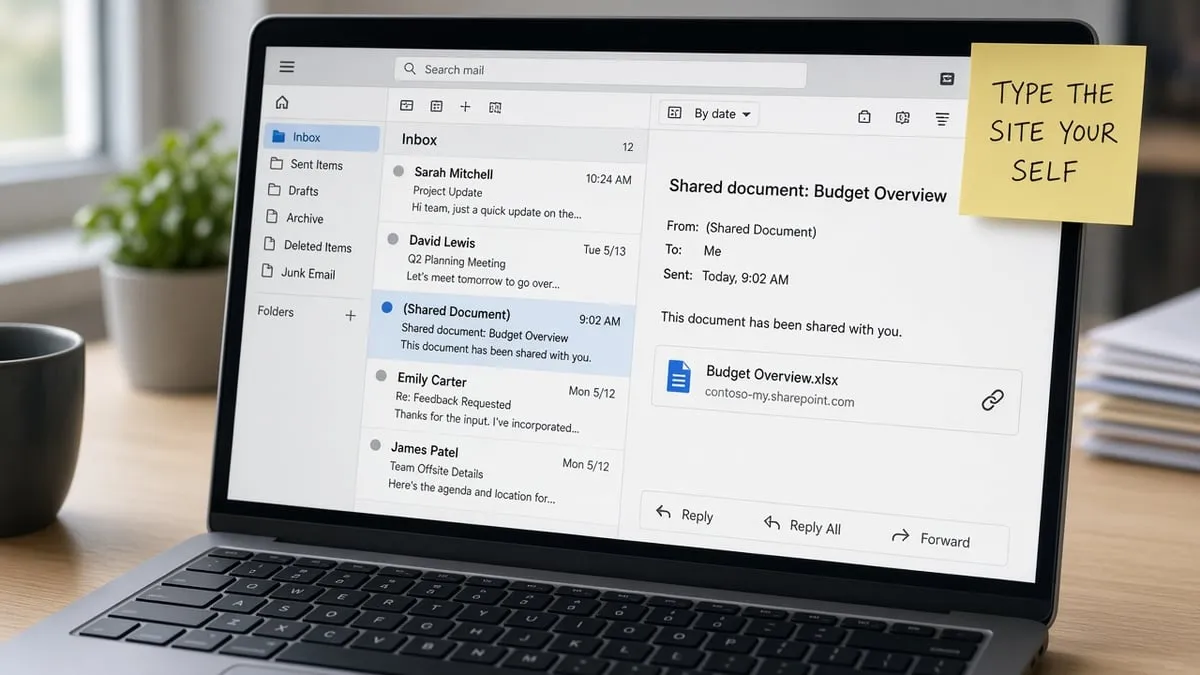 Office laptop showing a work inbox with a shared-document email and a sticky note that says type the site yourself