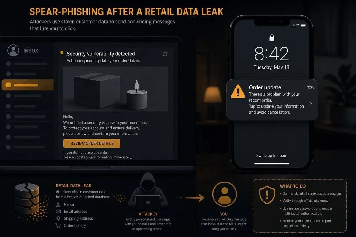 Illustration of fake order-update and security messages after a retail data leak